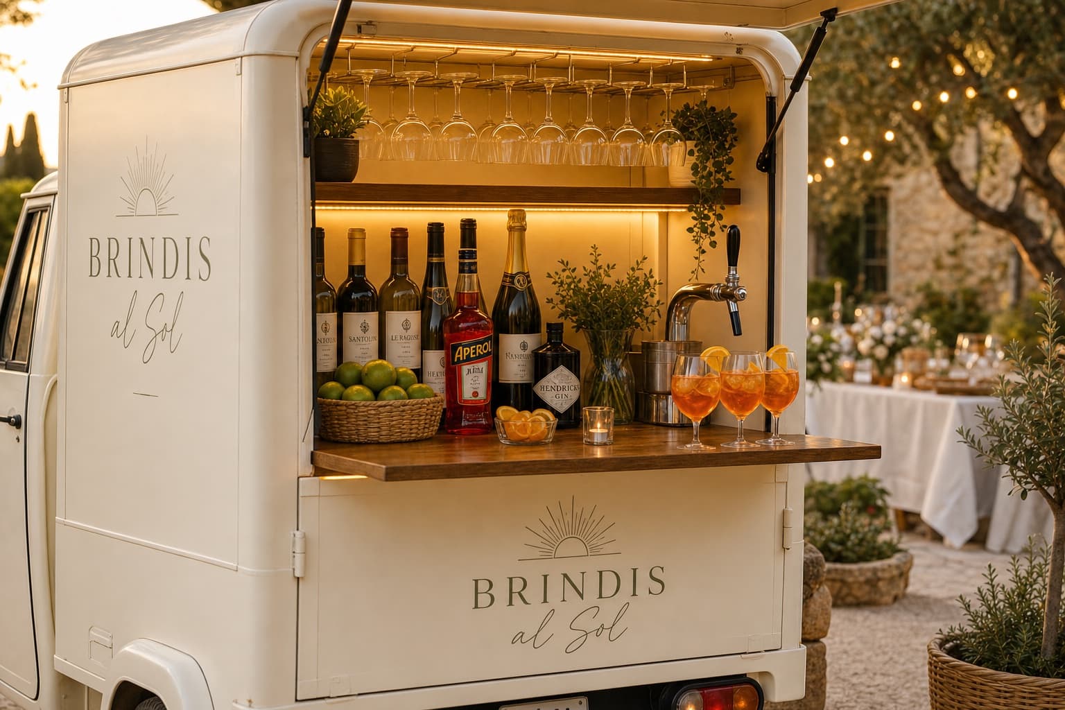 Aperol-Bar, Bierzapfhahn und Gläser in Brindis al Sol