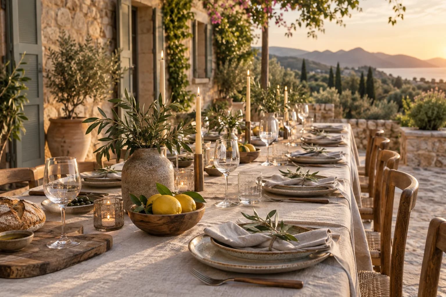 Mediterranean table styling with linen, ceramics, olive branches and candles