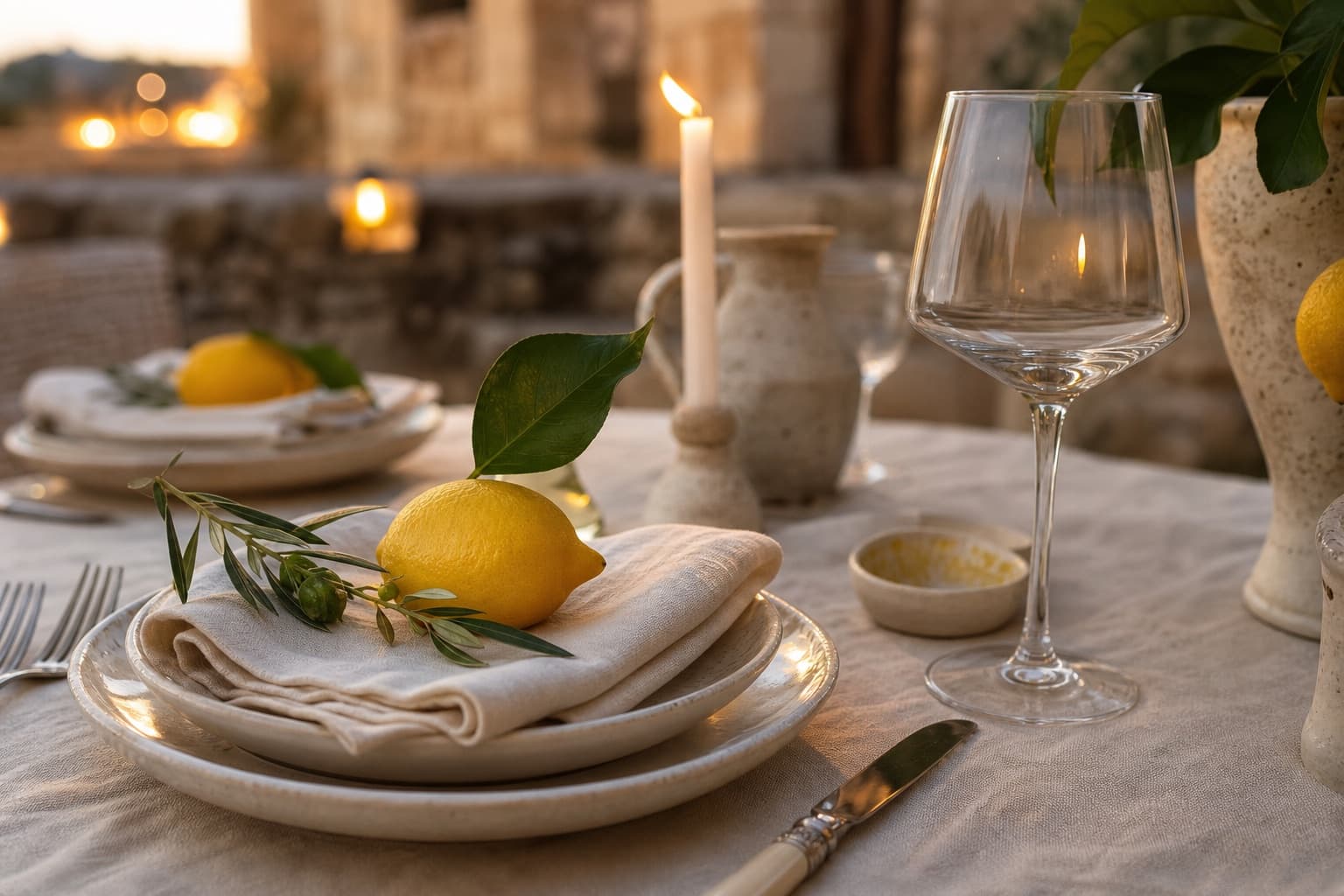 Detail eines Lemon Settings mit Leinen und Keramik
